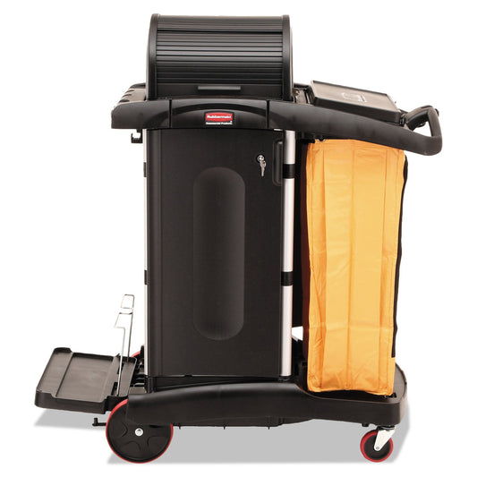 Rubbermaid High-Security Healthcare Cleaning Cart, Metal, 4 Shelves, 1 Bin, 22" x 48.25" x 53.5", Black