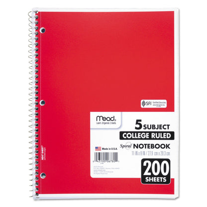 Mead Spiral Notebook, 5 Subject, Medium/College Rule, Randomly Assorted Covers, 11 x 8, 200 Sheets