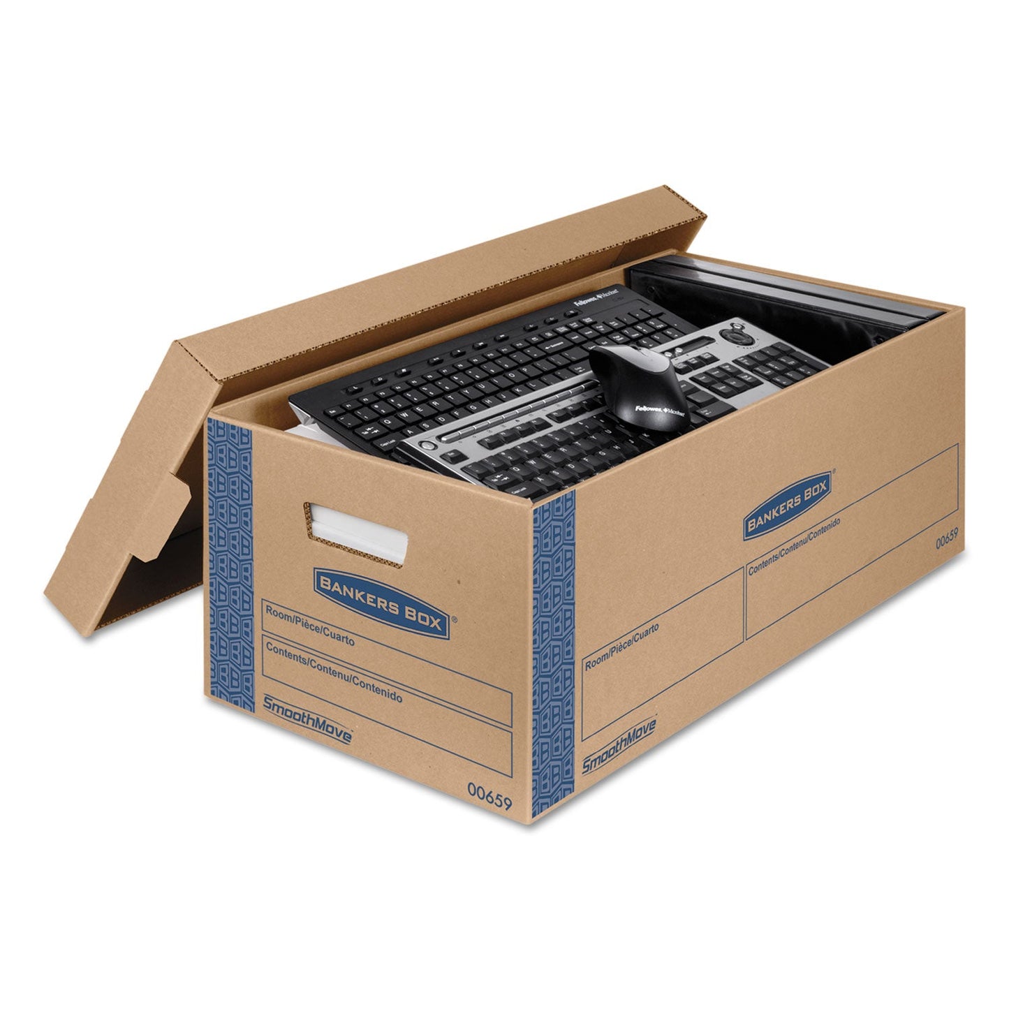 Bankers Box SmoothMove Prime Moving/Storage Boxes, Lift-Off Lid, Half Slotted Container, Small, 12" x 24" x 10", Brown/Blue, 8/Carton