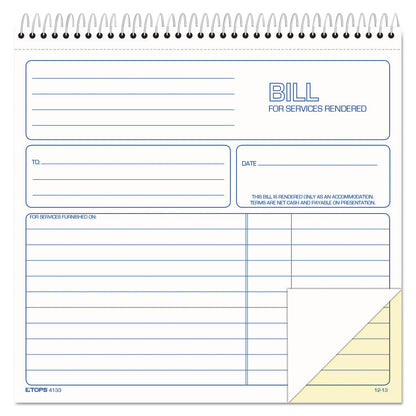 TOPS Spiralbound Service Invoices, Two-Part Carbonless, 8.5 x 7.75, 1/Page, 50 Forms