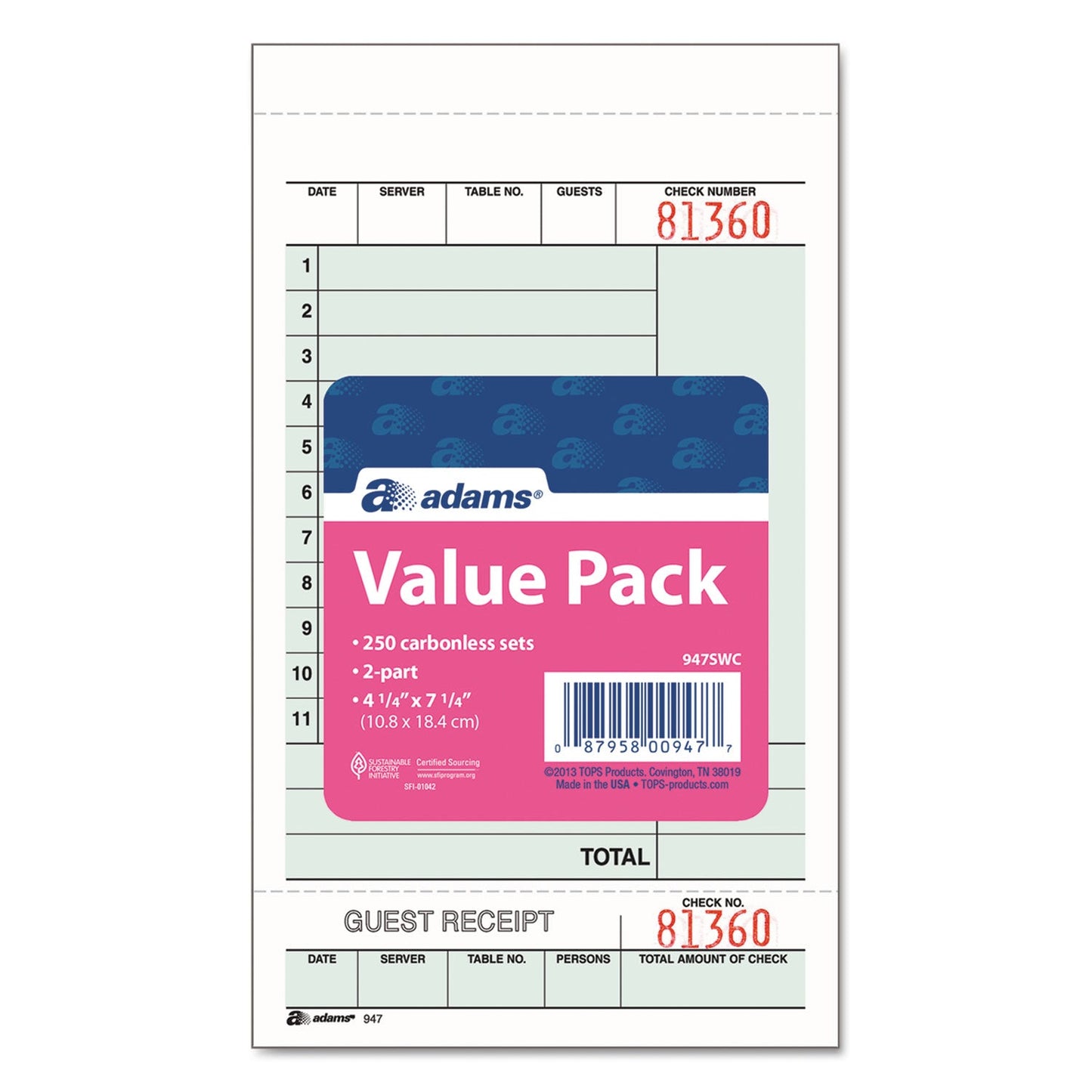 Adams Guest Check Unit Set, Two-Part Carbonless, 6.75 x 4.25, 1/Page, 250/Pack
