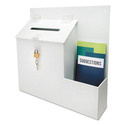deflecto Suggestion Box Literature Holder with Locking Top, 13.75 x 3.63 x 13.94, Plastic, White