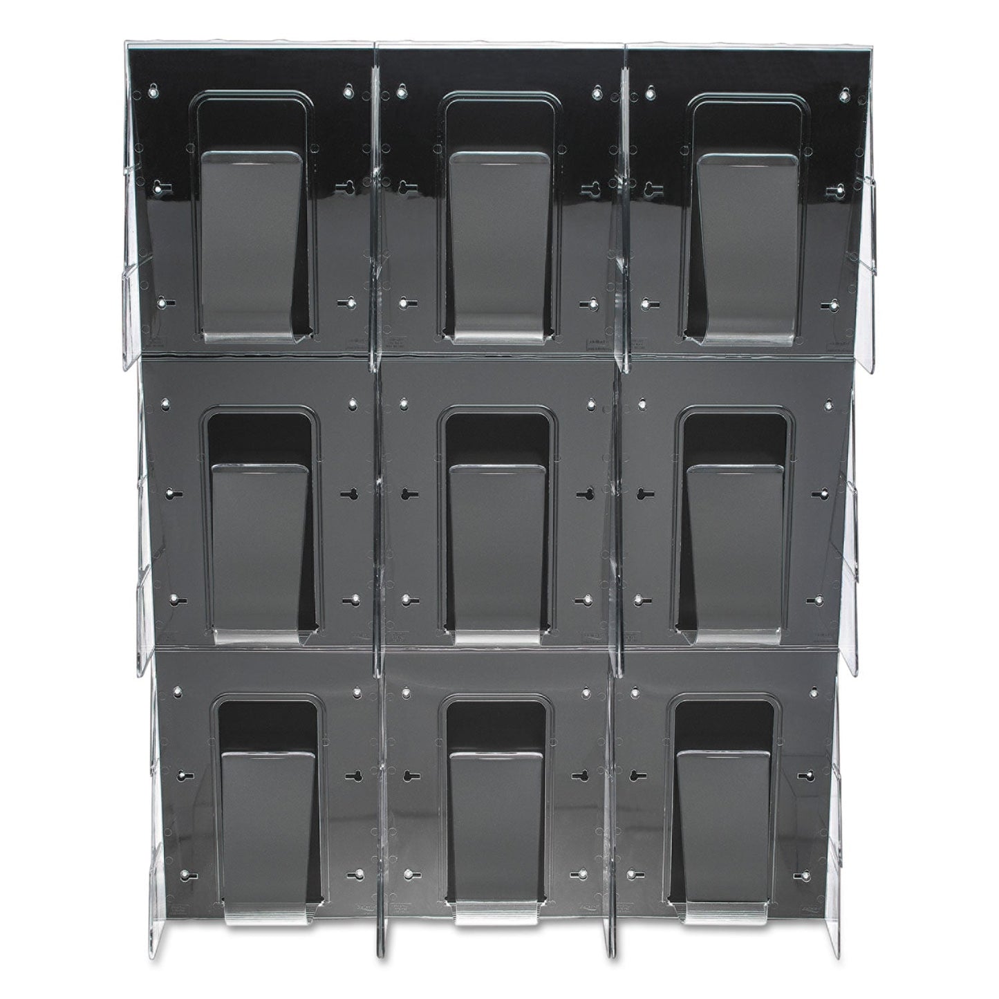 deflecto Stand-Tall 9-Bin Wall-Mount Literature Rack, Mag, 27.5w x 3.38d x 35.63h, Clear/Black