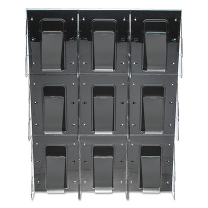 deflecto Stand-Tall 9-Bin Wall-Mount Literature Rack, Mag, 27.5w x 3.38d x 35.63h, Clear/Black