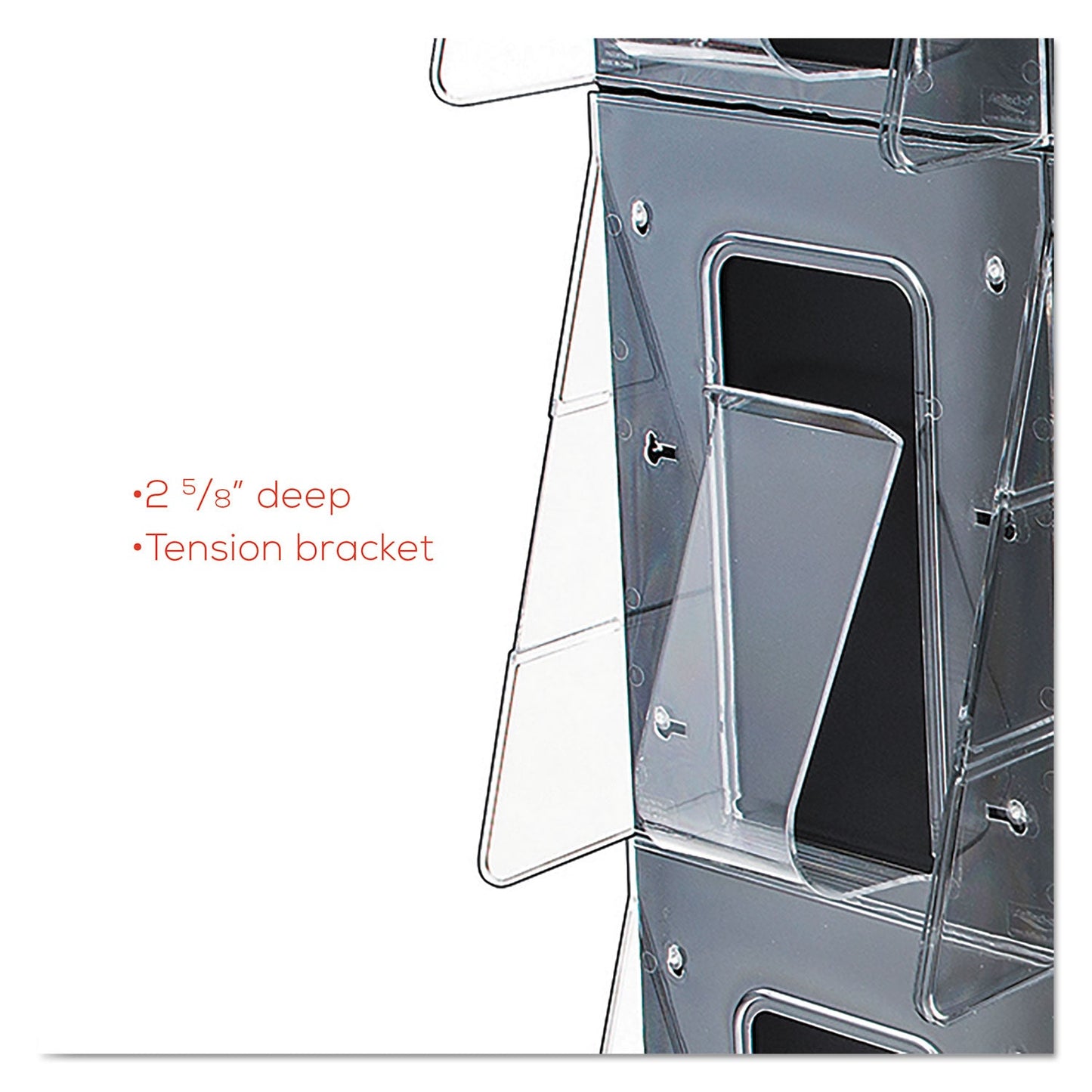 deflecto Stand-Tall 9-Bin Wall-Mount Literature Rack, Mag, 27.5w x 3.38d x 35.63h, Clear/Black