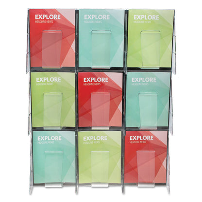 deflecto Stand-Tall 9-Bin Wall-Mount Literature Rack, Mag, 27.5w x 3.38d x 35.63h, Clear/Black