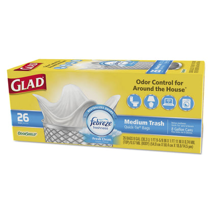 Glad OdorShield Medium Quick-Tie Trash Bags, 8 gal, 0.57 mil, 21.63" x 23", White, 156/Carton