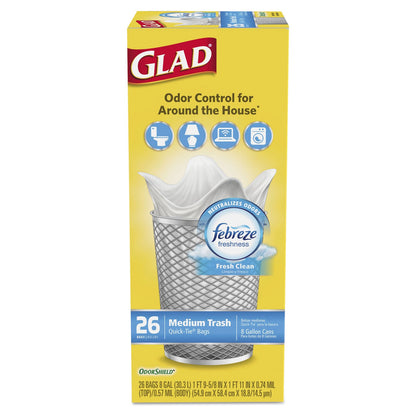 Glad OdorShield Medium Quick-Tie Trash Bags, 8 gal, 0.57 mil, 21.63" x 23", White, 156/Carton