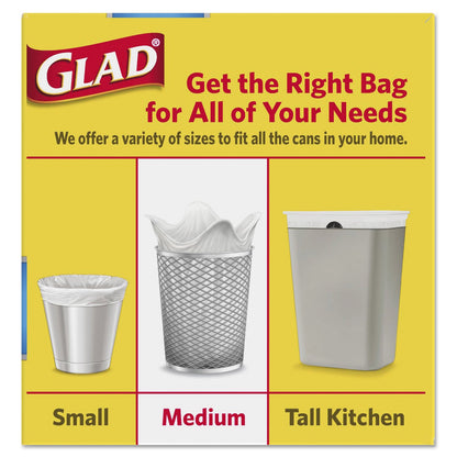 Glad OdorShield Medium Quick-Tie Trash Bags, 8 gal, 0.57 mil, 21.63" x 23", White, 26/Box