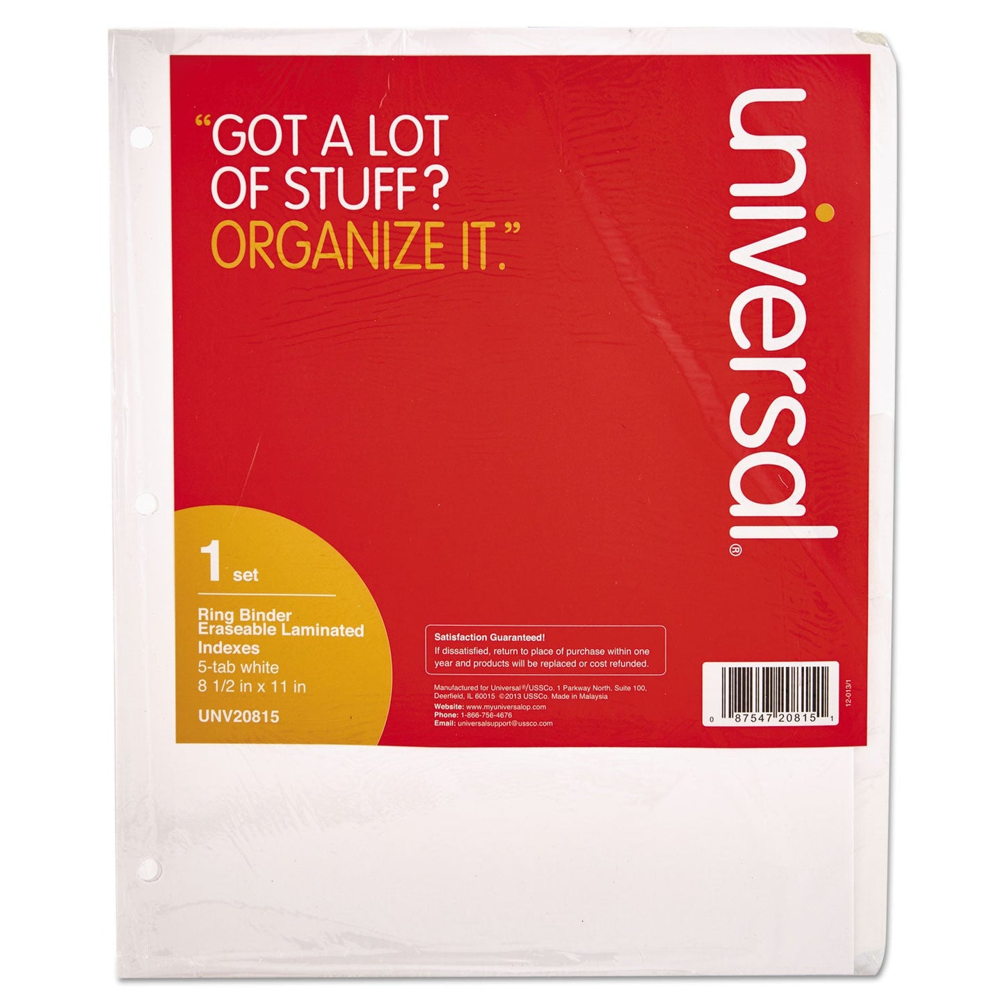 Universal Deluxe Write-On/Erasable Tab Index, 5-Tab, 11 x 8.5, White, White Tabs, 1 Set