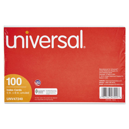 Universal Unruled Index Cards, 5 x 8, White, 100/Pack