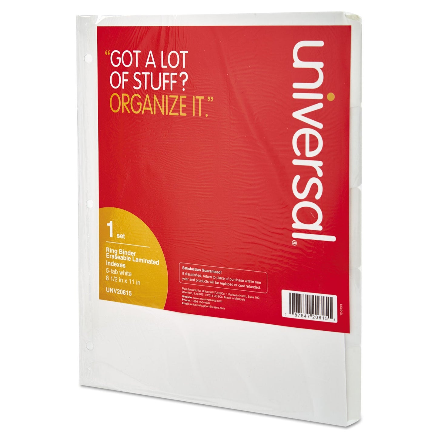 Universal Deluxe Write-On/Erasable Tab Index, 5-Tab, 11 x 8.5, White, White Tabs, 1 Set