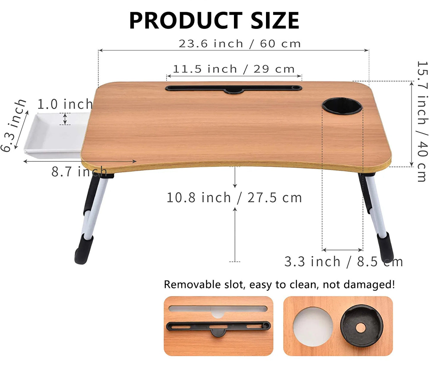 PHANCIR Escritorio Plegable Para Regazo, Mesa Portátil De Madera Para Laptop De 23.6 Pulgadas, Organizador De Oficina Para Espacio De Trabajo, Bandeja Para Cama Y Sofá Con Ranuras/Portavasos/Cajón, Antideslizante Para Leer Escribir Comer Ver, Nogal