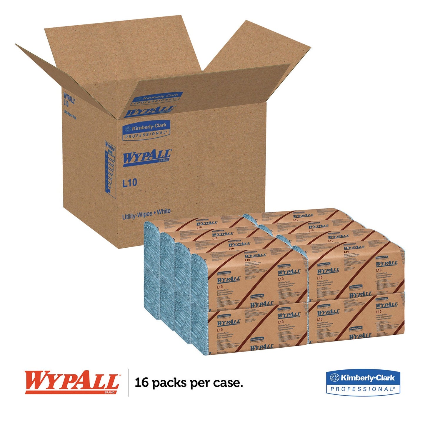 WypAll L10 Windshield Wipers, Banded, 2-Ply, 9.38 x 10.25, Light Blue, 140/Pack, 16 Packs/Carton