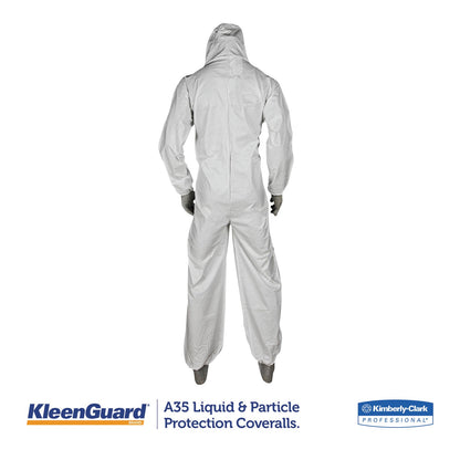 KleenGuard A35 Liquid and Particle Protection Coveralls, Zipper Front, Hooded, Elastic Wrists and Ankles, X-Large, White, 25/Carton