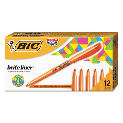 BIC Brite Liner Highlighter, Fluorescent Orange Ink, Chisel Tip, Orange/Black Barrel, Dozen