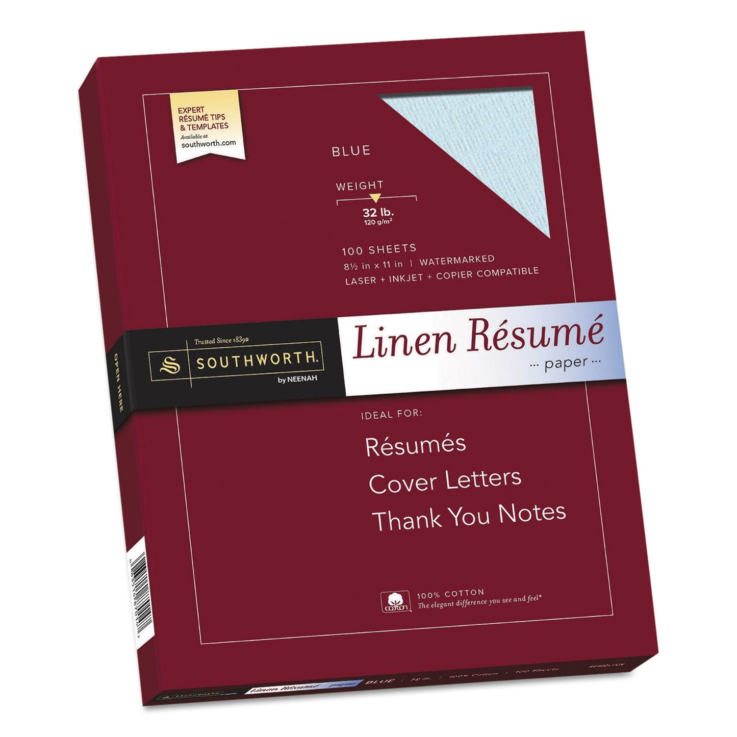 Southworth 100% Cotton Premium Weight Linen Resume Paper, 32 lb Bond Weight, 8.5 x 11, Blue, 100/Pack
