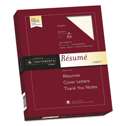 Southworth 100% Cotton Resume Paper, 32 lb Bond Weight, 8.5 x 11, Ivory, 100/Pack