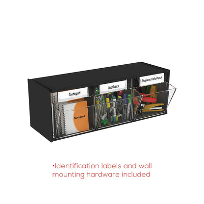 deflecto Tilt Bin Interlocking Multi-Bin Storage Organizer, 3 Sections, 23.63" x 7.75" x 9.5", Black/Clear