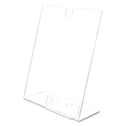 deflecto Superior Image Slanted Sign Holder with Business Card Holder, 8.5w x 4.5d x 11h, Clear
