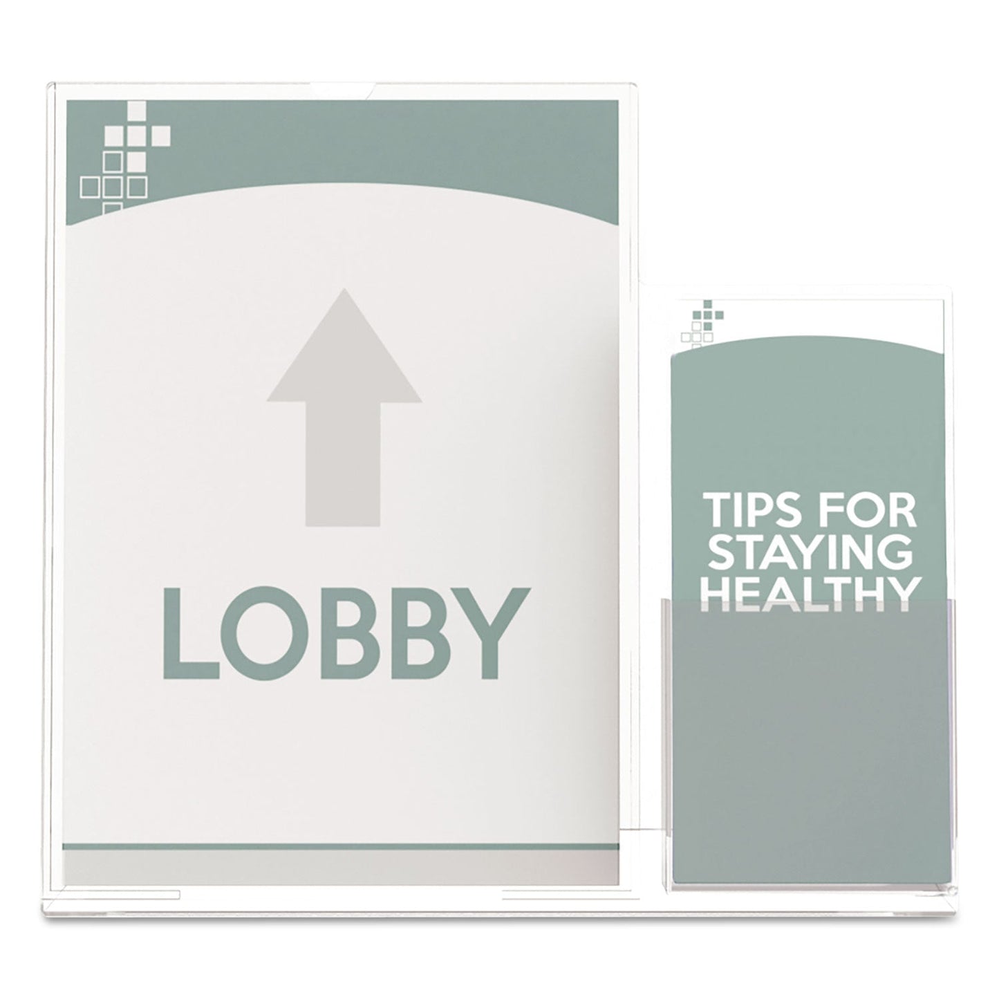 deflecto Superior Image Slanted Sign Holder with Side Pocket, 13.5w x 4.25d x 10.88h, Clear