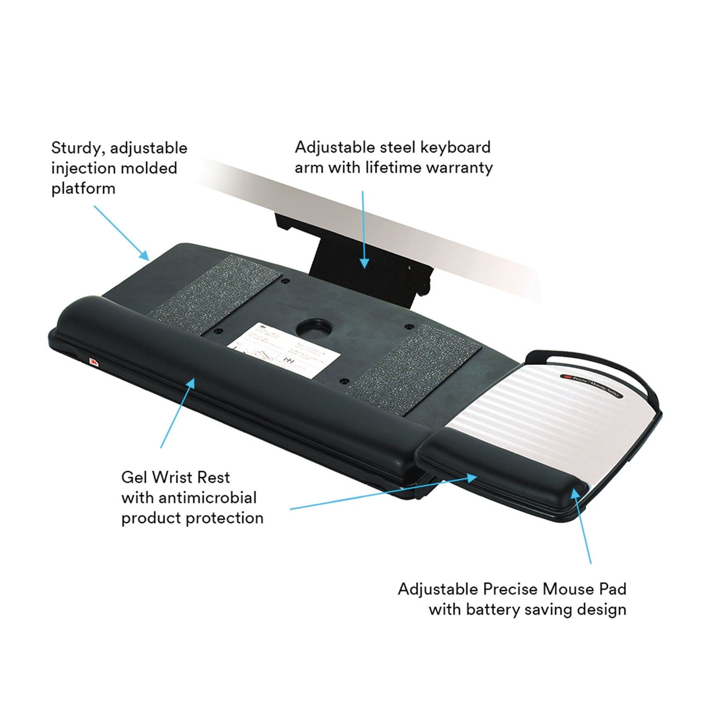 3M Easy Adjust Keyboard Tray, Highly Adjustable Platform, 23" Track, Black