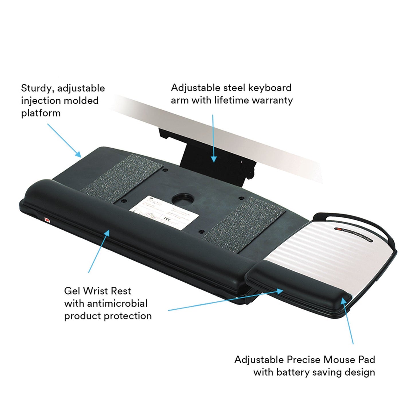 3M Easy Adjust Keyboard Tray, Highly Adjustable Platform, 23" Track, Black