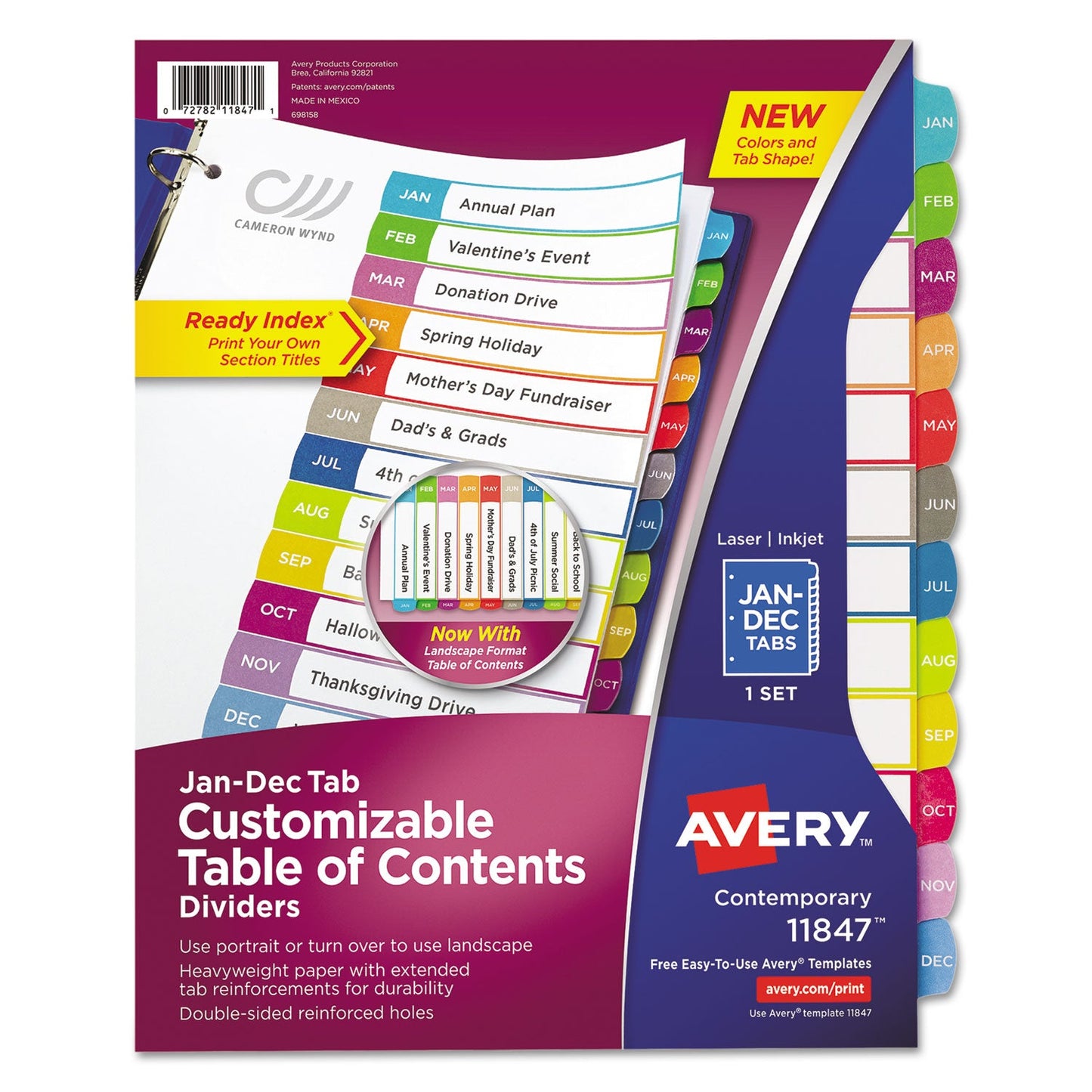 Avery Customizable TOC Ready Index Multicolor Tab Dividers, 12-Tab, Jan. to Dec., 11 x 8.5, White, Contemporary Color Tabs, 1 Set