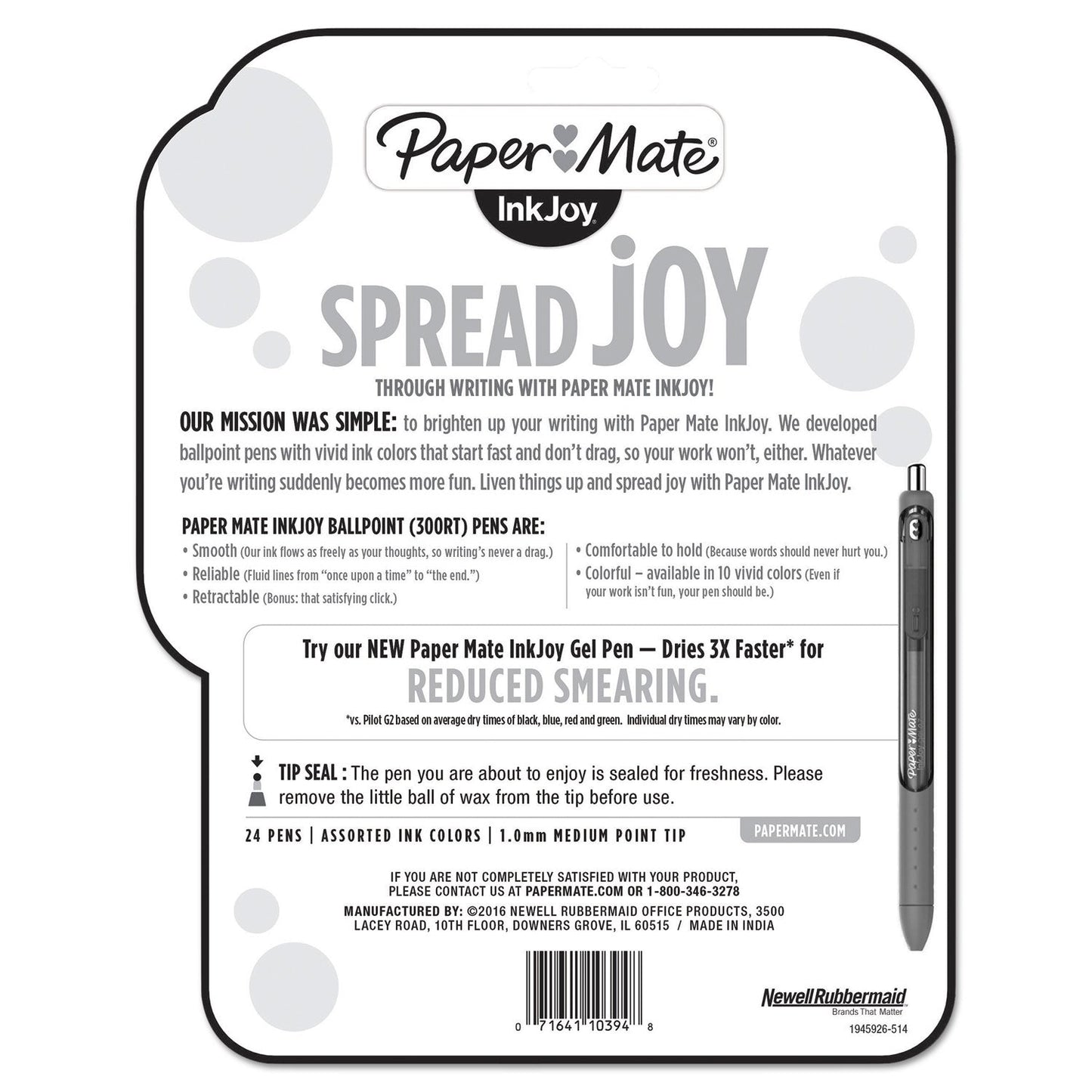 Paper Mate InkJoy 300 RT Ballpoint Pen Retractable, Medium 1 mm, Assorted Ink and Barrel Colors, 24/Pack