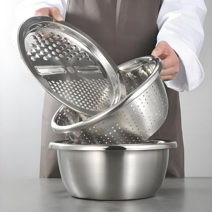 3-In-1 Stainless Steel Multi-Functional Strainer Set, Includes Basin/Sieve/Cutter, Ideal for Washing Rice Fruits Vegetables Kitchen Essentials