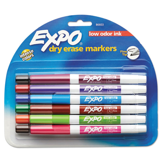 EXPO Low-Odor Dry-Erase Marker, Fine Bullet Tip, Assorted Colors, 12/Set