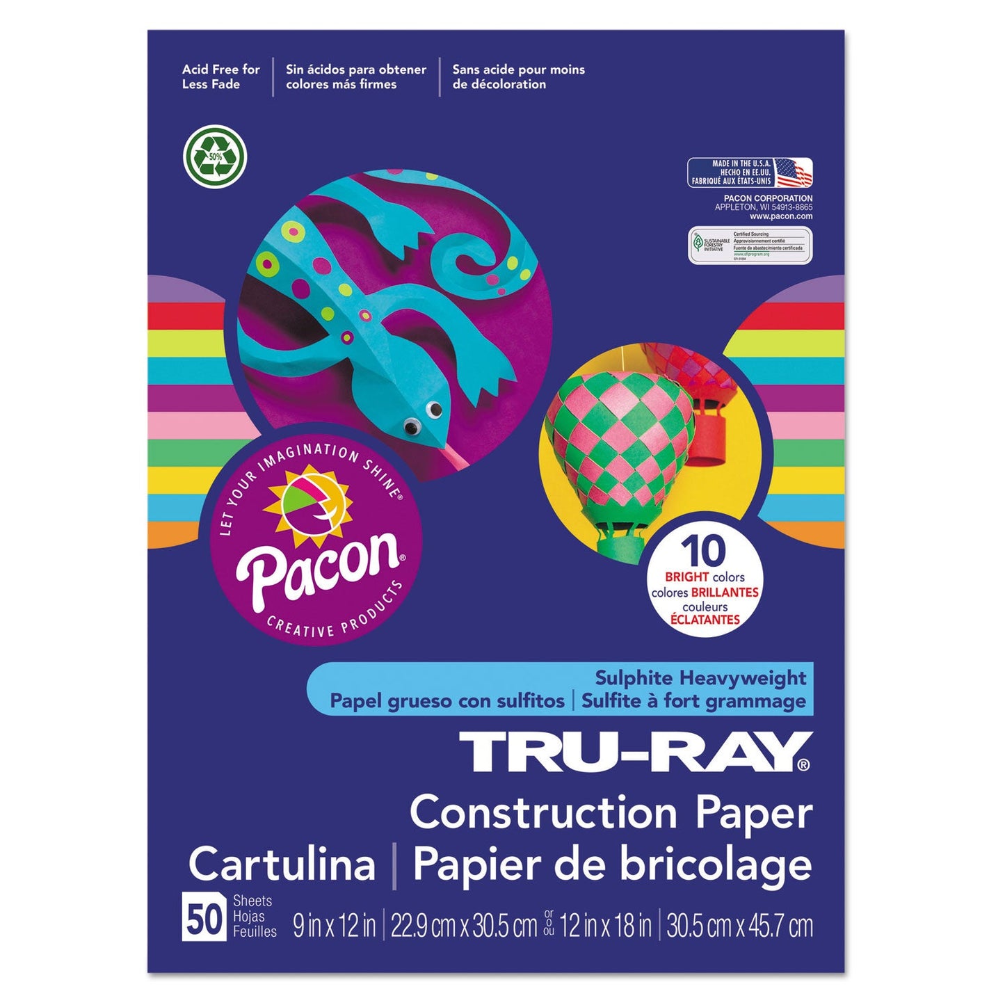 Pacon Tru-Ray Construction Paper, 76 lb Text Weight, 12 x 18, Assorted Bright Colors, 50/Pack