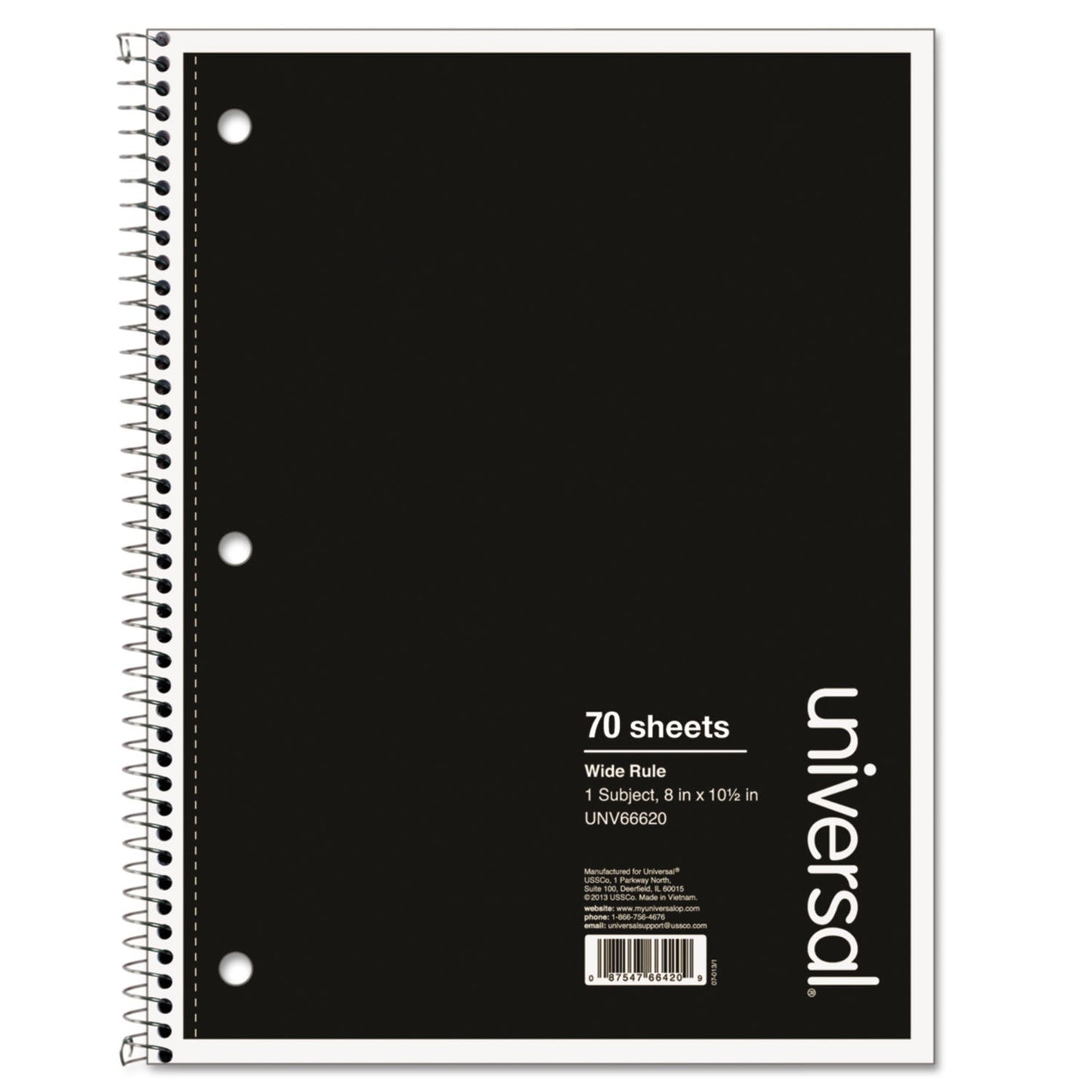Universal Wirebound Notebook, 1 Subject, Wide/Legal Rule, Black Cover, 10.5 x 8, 70 Sheets