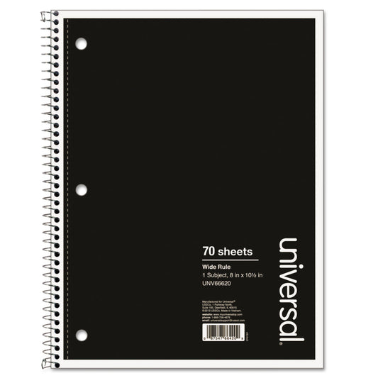 Universal Wirebound Notebook, 1 Subject, Wide/Legal Rule, Black Cover, 10.5 x 8, 70 Sheets