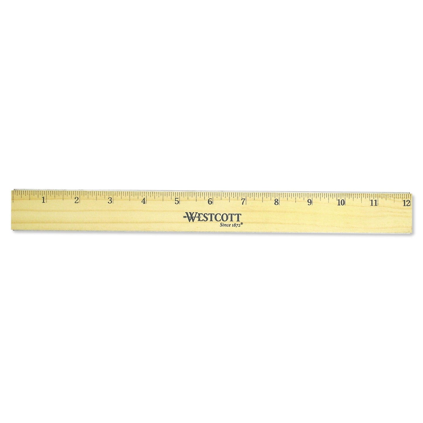 Westcott Flat Wood Ruler with Two Double Brass Edges, Standard/Metric, 12", Clear Lacquer Finish