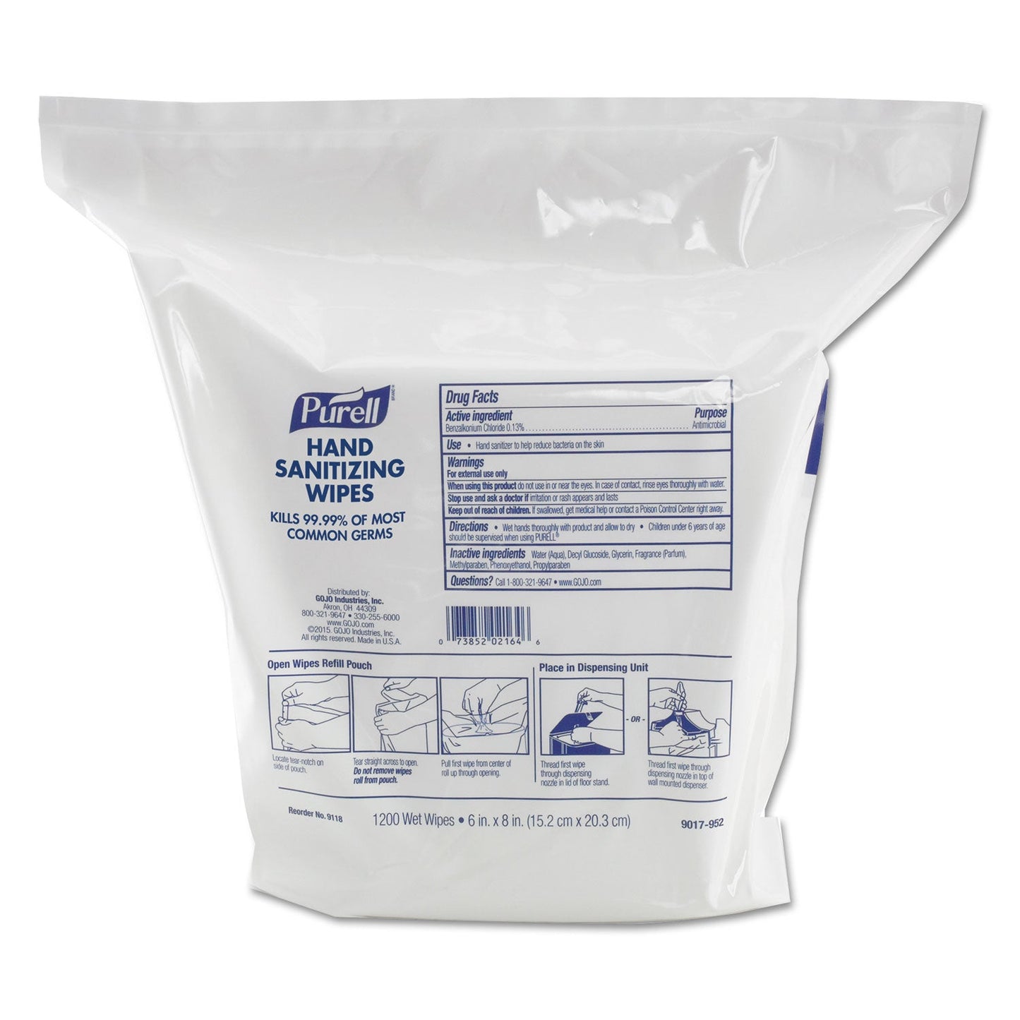 PURELL Hand Sanitizing Wipes, 6 x 8, Fresh Citrus Scent, White, 1,200/Refill Pouch, 2 Refills/Carton