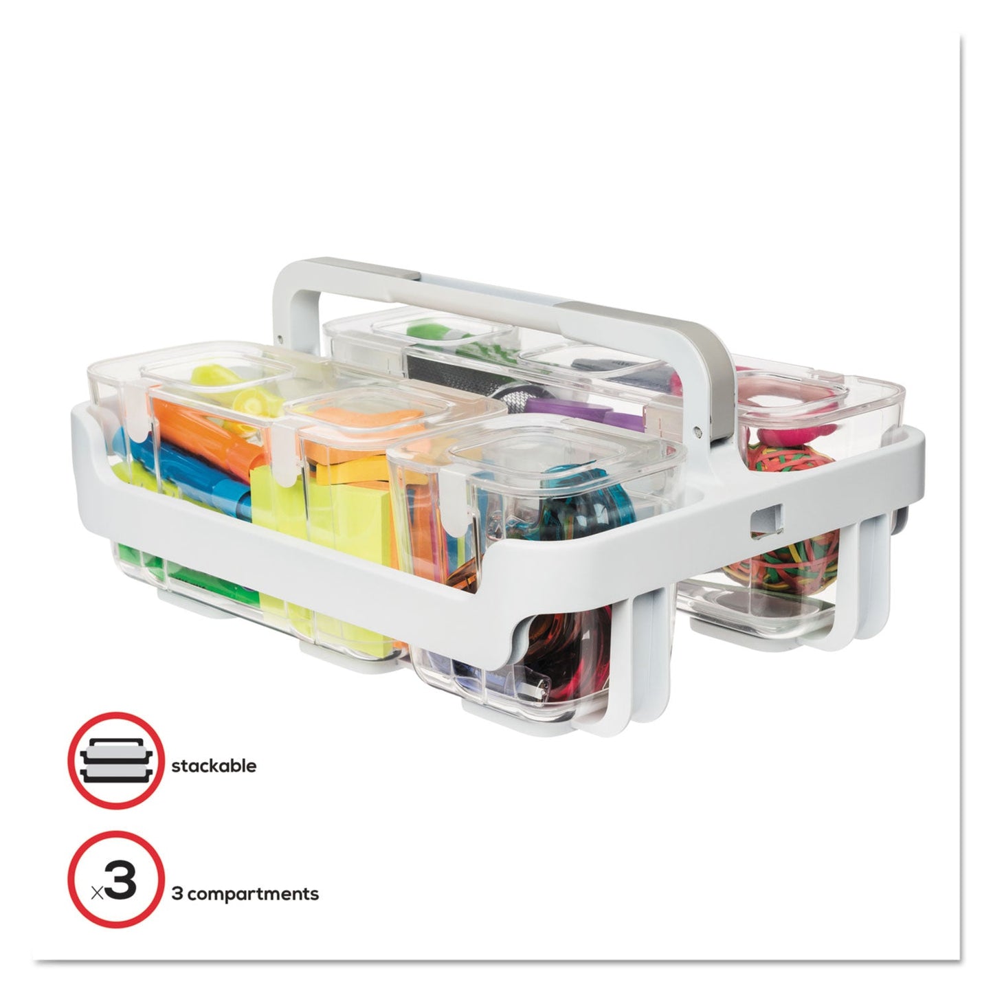 deflecto Stackable Caddy Organizer with S, M and L Containers, Plastic, 10.5 x 14 x 6.5, White Caddy/Clear Containers