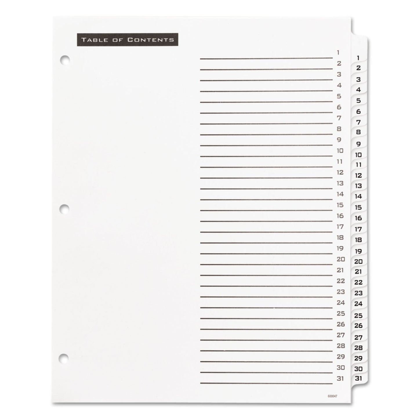 Office Essentials Table 'n Tabs Dividers, 31-Tab, 1 to 31, 11 x 8.5, White, White Tabs, 1 Set