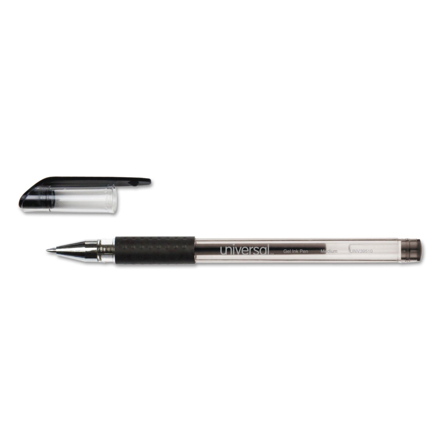 Universal Comfort Grip Gel Pen, Stick, Medium 0.7 mm, Black Ink, Clear Barrel, Dozen