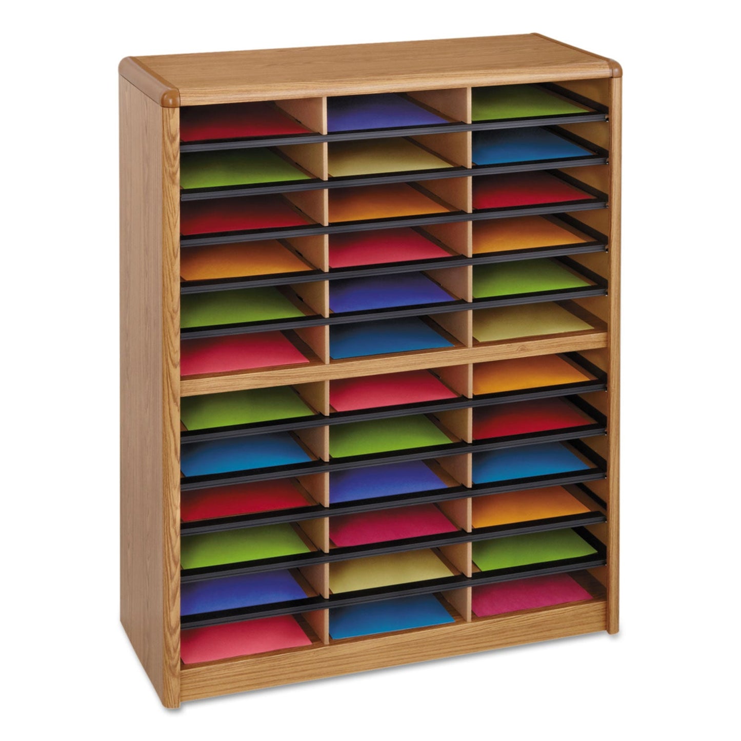 Safco Steel/Fiberboard Literature Sorter, 36 Compartments, 32.25 x 13.5 x 38, Oak