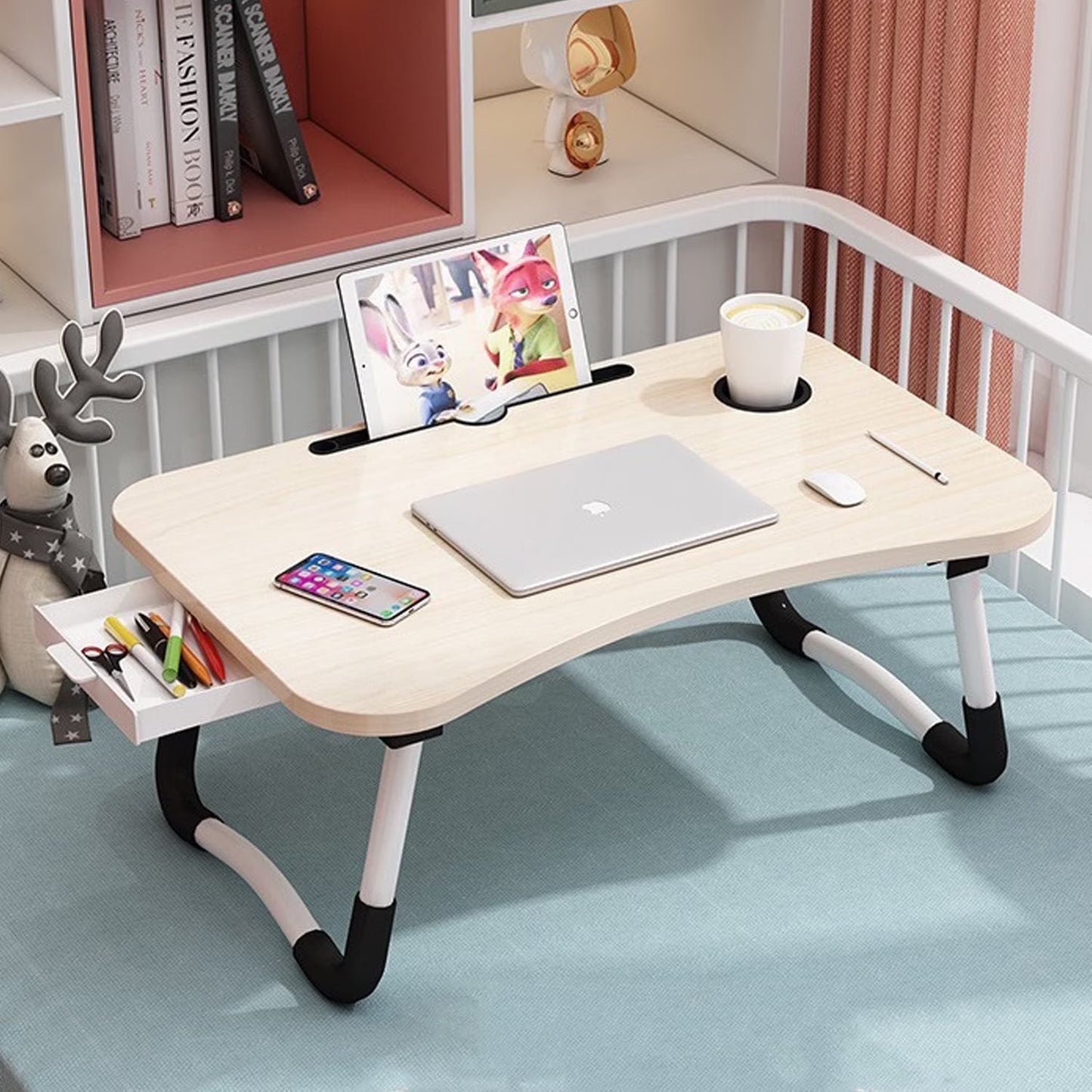 PHANCIR Escritorio Plegable Para Regazo, Mesa Portátil De Madera Para Laptop De 23.6 Pulgadas, Organizador De Oficina Para Espacio De Trabajo, Bandeja Para Cama Y Sofá Con Ranuras/Portavasos/Cajón, Antideslizante Para Leer Escribir Comer Ver, Nogal