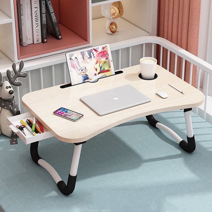 PHANCIR Escritorio Plegable Para Regazo, Mesa Portátil De Madera Para Laptop De 23.6 Pulgadas, Organizador De Oficina Para Espacio De Trabajo, Bandeja Para Cama Y Sofá Con Ranuras/Portavasos/Cajón, Antideslizante Para Leer Escribir Comer Ver, Nogal