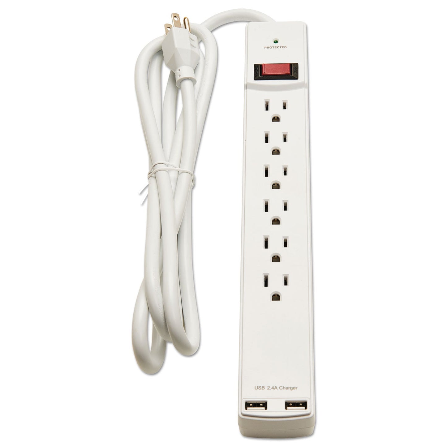 Innovera Surge Protector, 6 AC Outlets/2 USB Ports, 6 ft Cord, 1,080 J, White