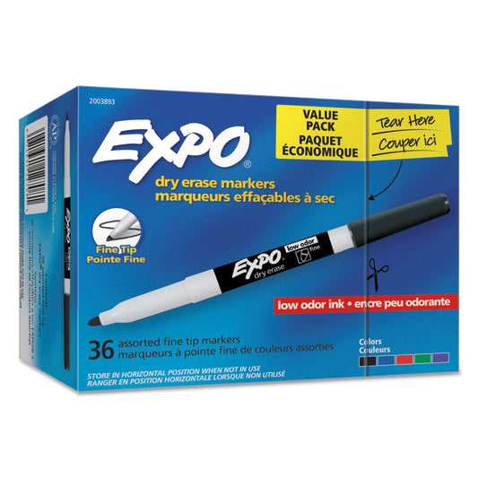 EXPO Low-Odor Dry Erase Marker Office Value Pack, Fine Bullet Tip, Assorted Colors, 36/Pack