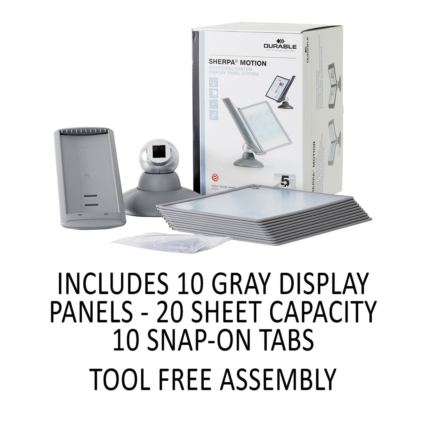 Durable SHERPA Motion Desk Reference System, 10 Panels, Gray Borders