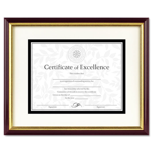 DAX Document/Certificate Frame with Mat, Frame Size: 15.4 x 12.4 x 0.9, Insert Sizes: 8.5 x 11; 11 x 14, Plastic, Mahogany/Gold