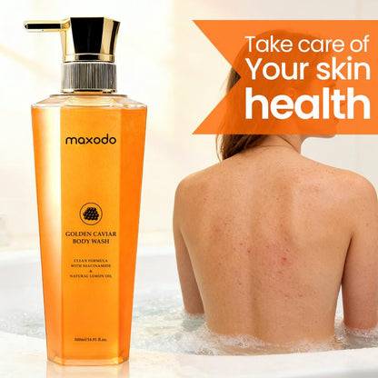 Maxodo Golden Caviar Glow Wash 500Ml - Niacinamide Enriched Luxury Body Cleanser for Radiant Skin Brightening & Mite Removal with Lemon Fragrance