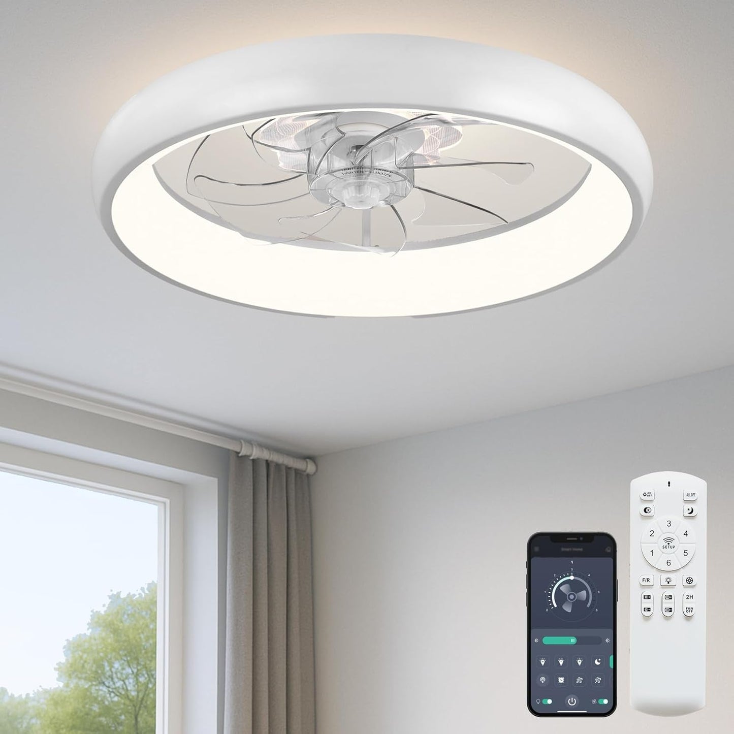 20‘’ Ceiling Fan with Light, Upgraded Low Profile Fan, Flush Mount Ceiling Fan, 6 Speeds, Dimmable LED, App & Remote Control, Quiet DC Motor, for Bedroom, Living Room, F115 White