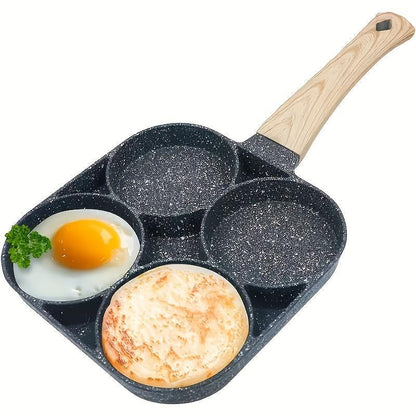 Non-Stick 4-Hole Star Egg Pan Cookware, Granite-Style Pancake Skillet with Wooden Handle, Small Frying Pan for Eggs, Omelets, Toast, Pancakes, Crepes, Sandwiches, Breakfast, Easy Clean, Kitchen Gadget, Multifunctional, Birthday Gift