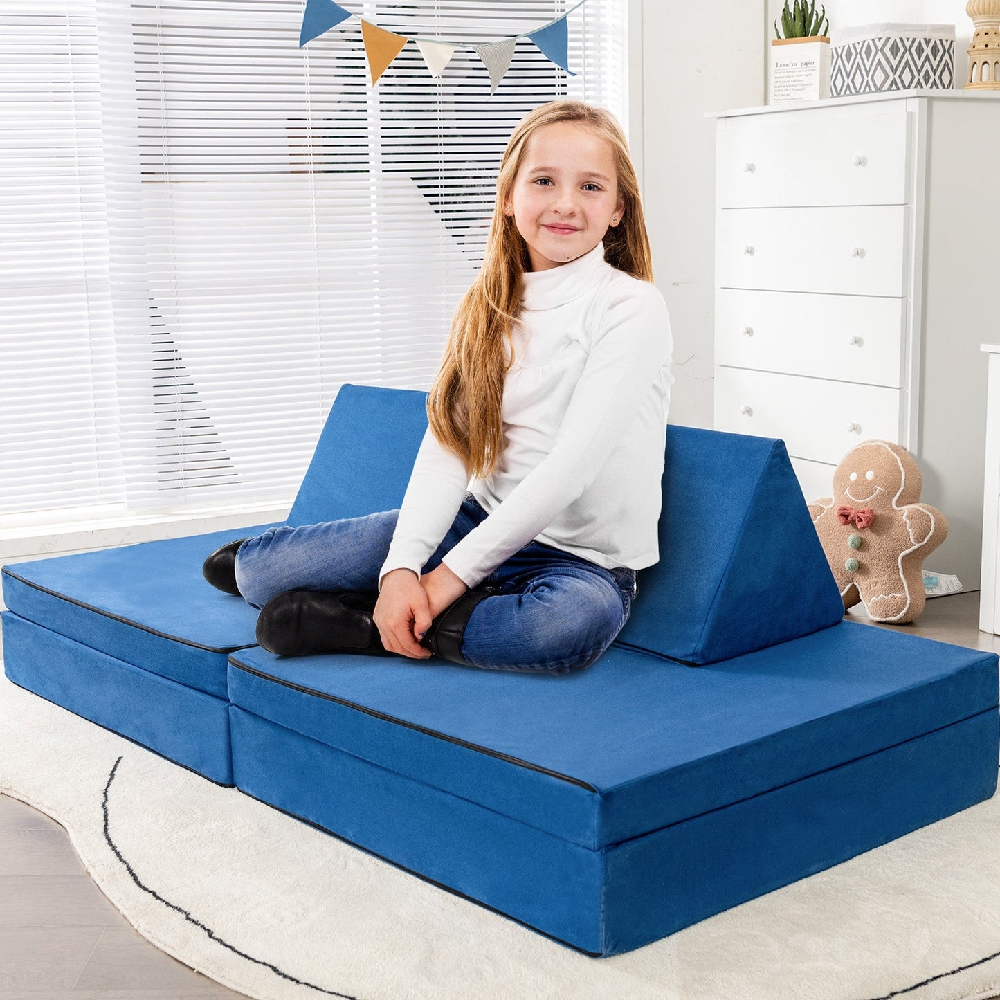 4-Piece Convertible Kids Couch Set with 2 Folding Mats-Blue